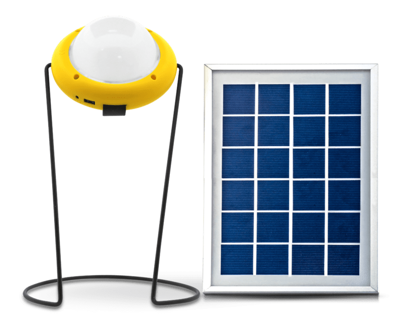 Front view of Pro 300 portable, affordable solar powered lamp against a white background.